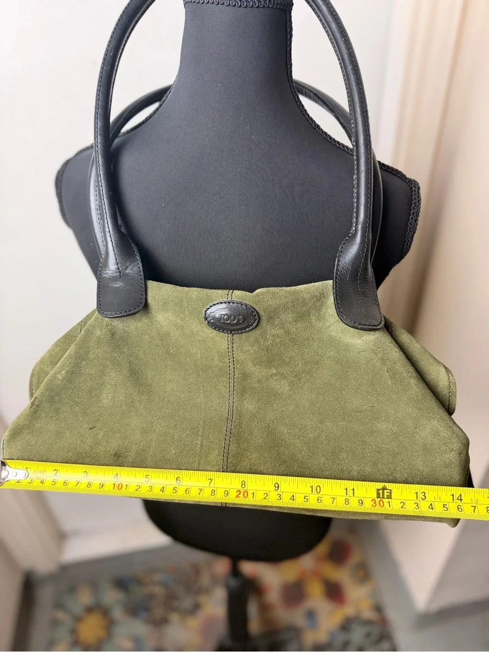 TOD’S Olive Green Suede Tote with Black Leather Handles
